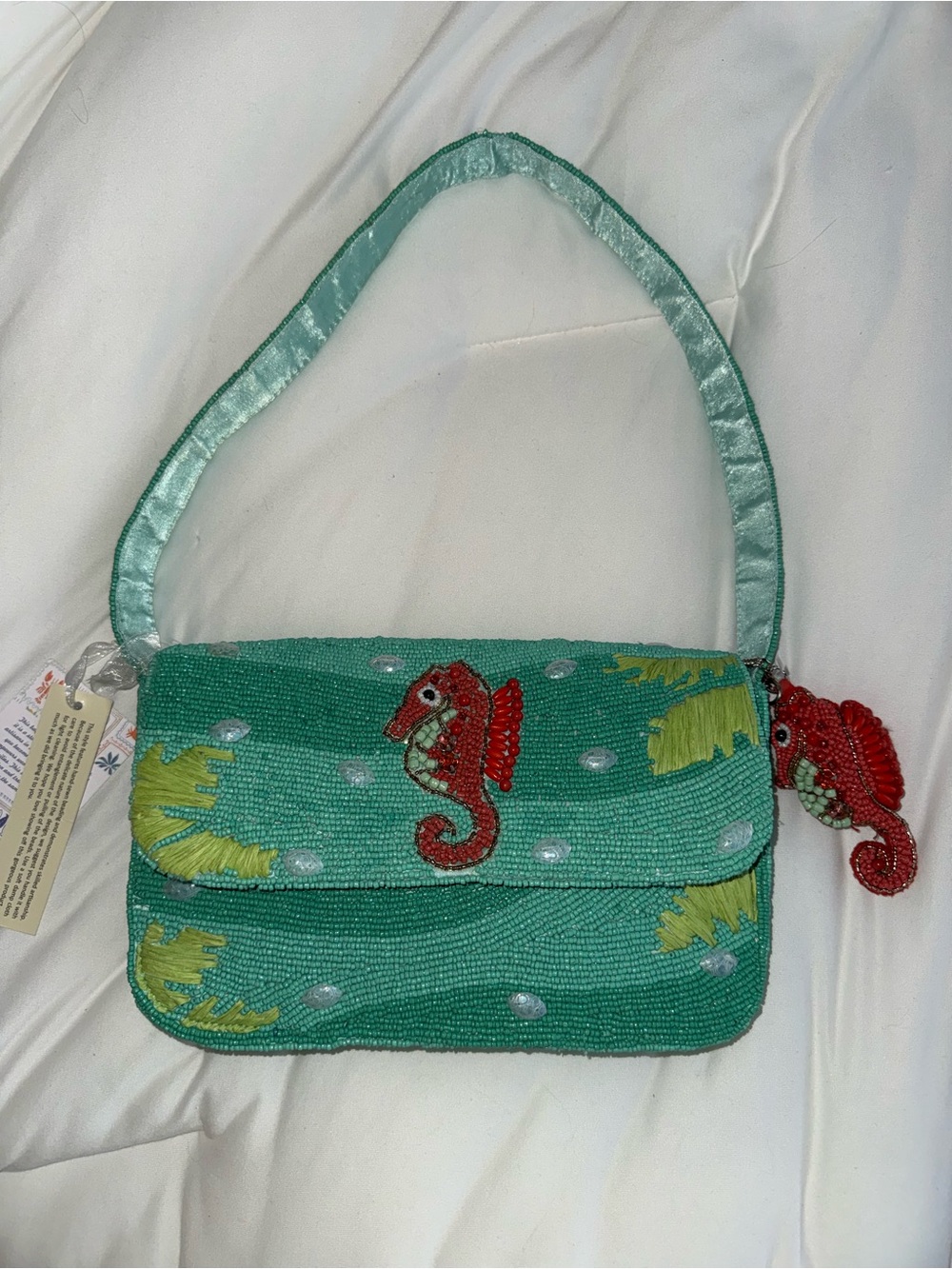 Green Beaded Shoulder Bag With Red Seahorse Handmade in India New With Tags